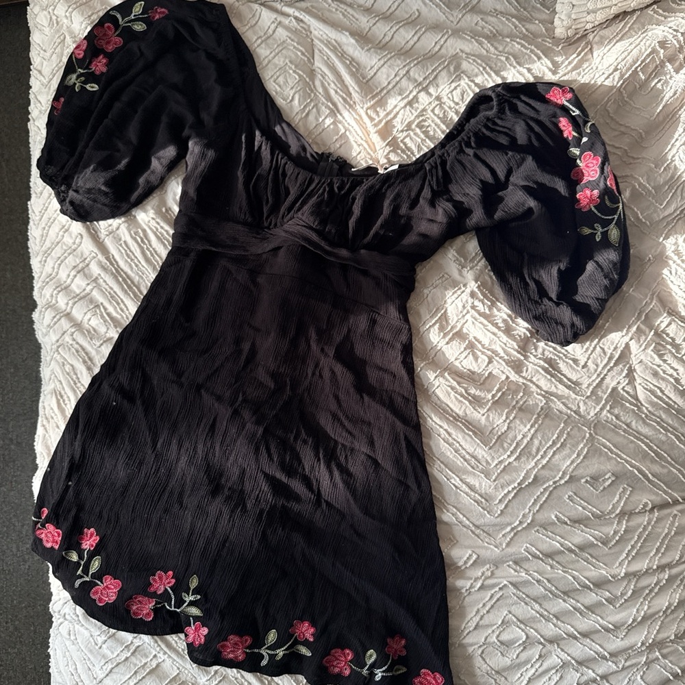 Miami Black Mini Dress with Red Floral Embroidery